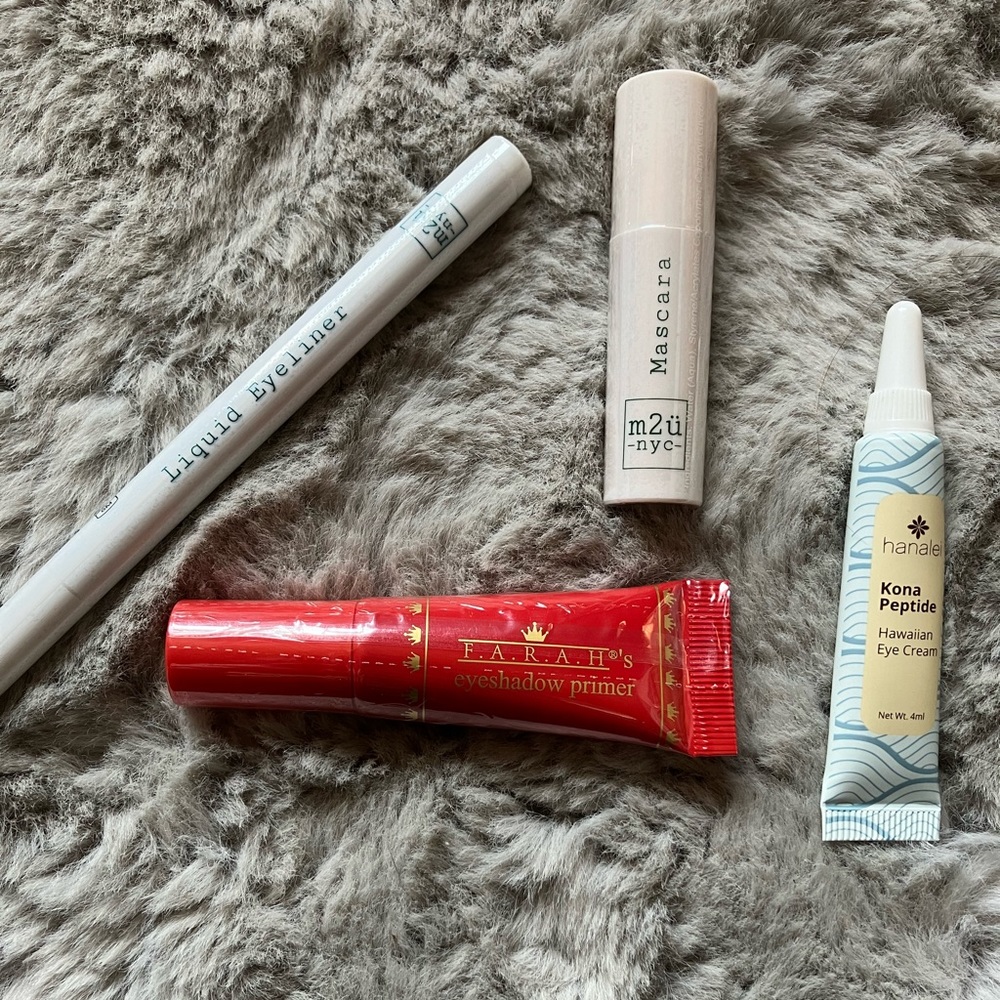 Eyeshadow Primer; Black Liquid Eyeliner and Mascara; and Peptide Eye Cream